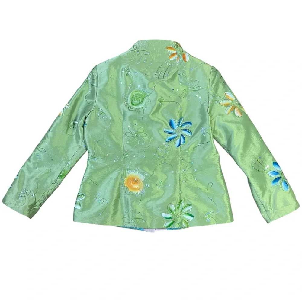Art to wear Embroidered Floral Satin Jacket Beaded Mandarin Collar Pastel Green‎